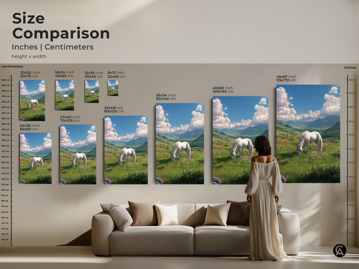 Size comparison of the horse artwork in inches and centimeters. See how the artwork scales in different sizes. Visualize the art in your living room to select the perfect size. A woman admires the landscape artwork featuring a white horse.