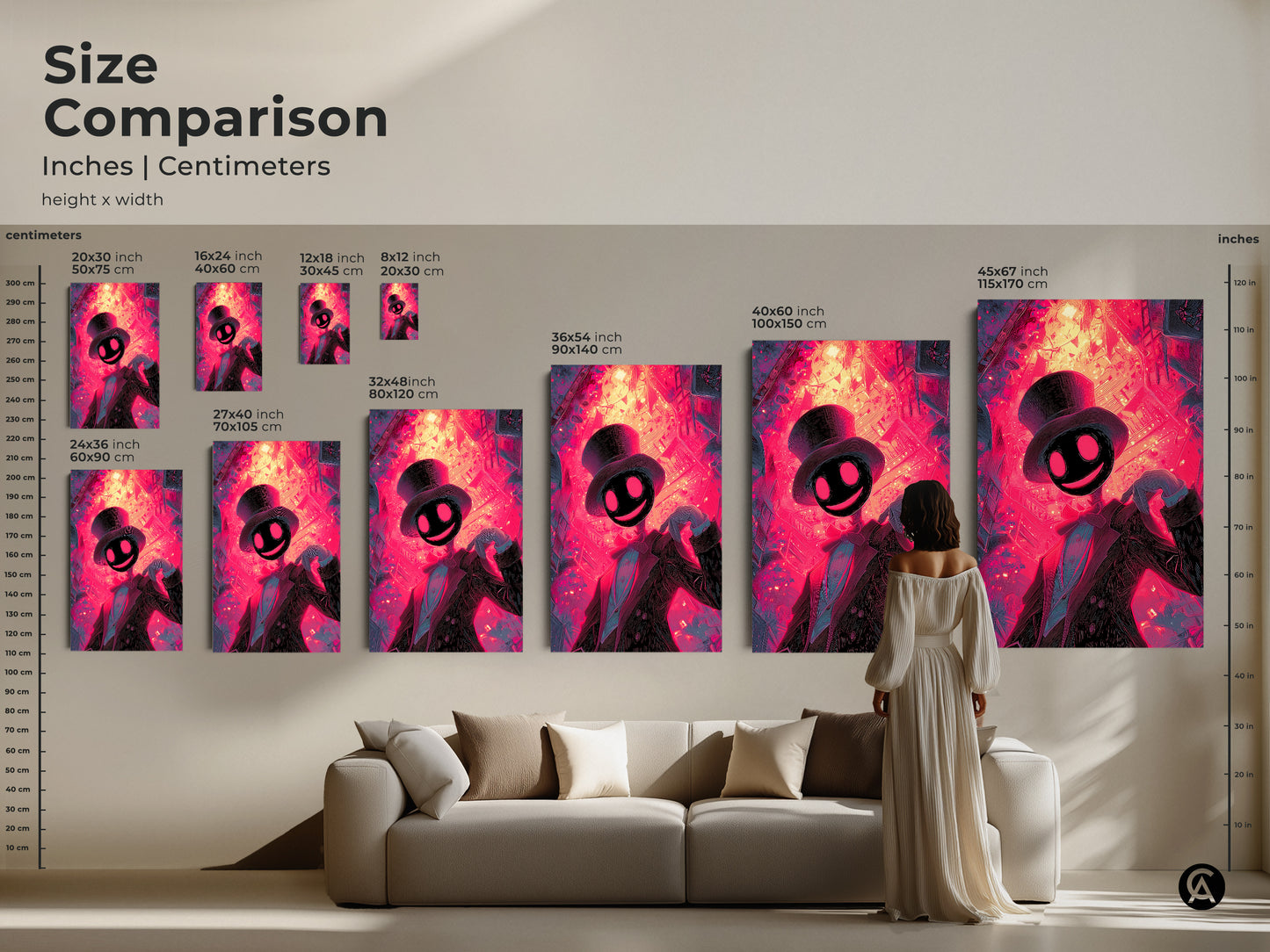 Compare the sizes of this unique artwork. See canvas and poster prints in various dimensions for your space. Choose from sizes ranging from 8x12 inches to a large 45x67 inches print.