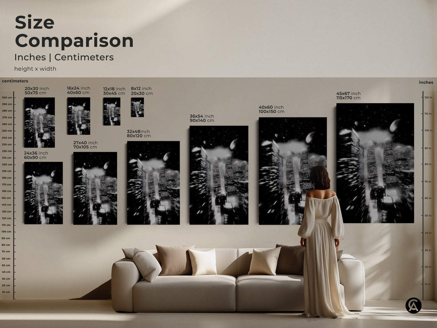 Size comparison of abstract night cityscape artwork. Sizes range from 8x12 inch to 45x67 inch canvas prints. See the monochrome city art in various sizes. Compare the scale against furniture for the perfect fit in your home or office.