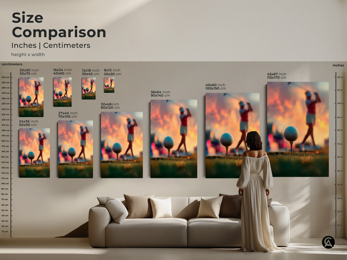 Size comparison of golf art prints in a living room setting. See how different sizes complement your furniture. Choose the perfect size for your space. Artwork available as canvas or poster. Elevate your home decor with golf art.