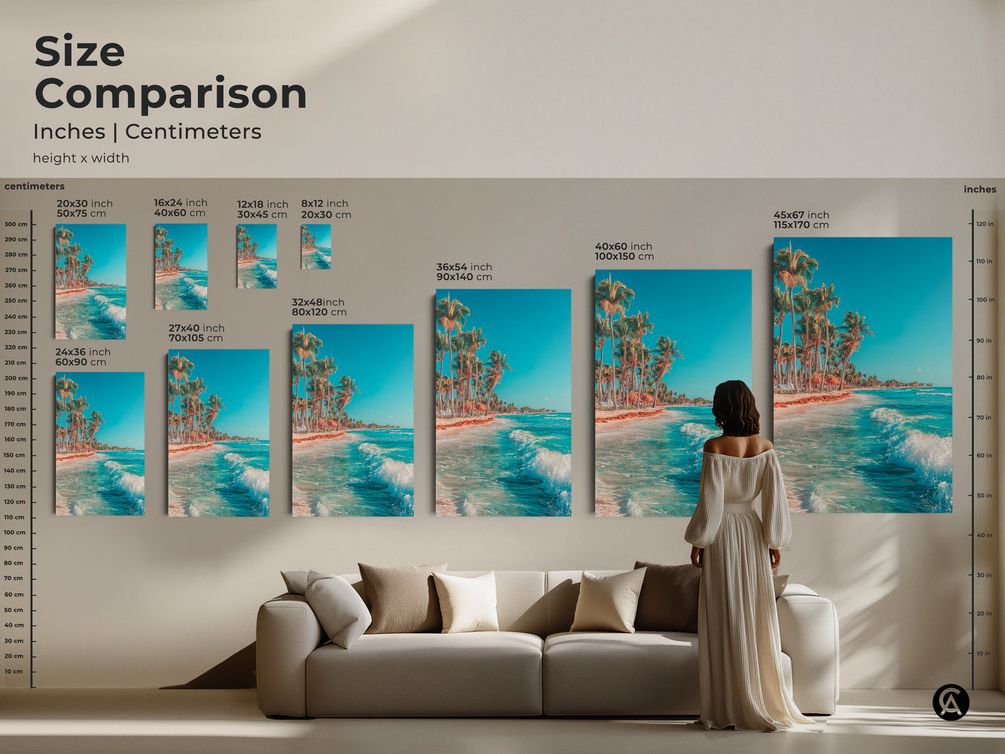 Size comparison of beach art prints in inches and centimeters. See how different sizes of canvas and posters look in a living room setting. Choose the perfect scale for your wall art needs.