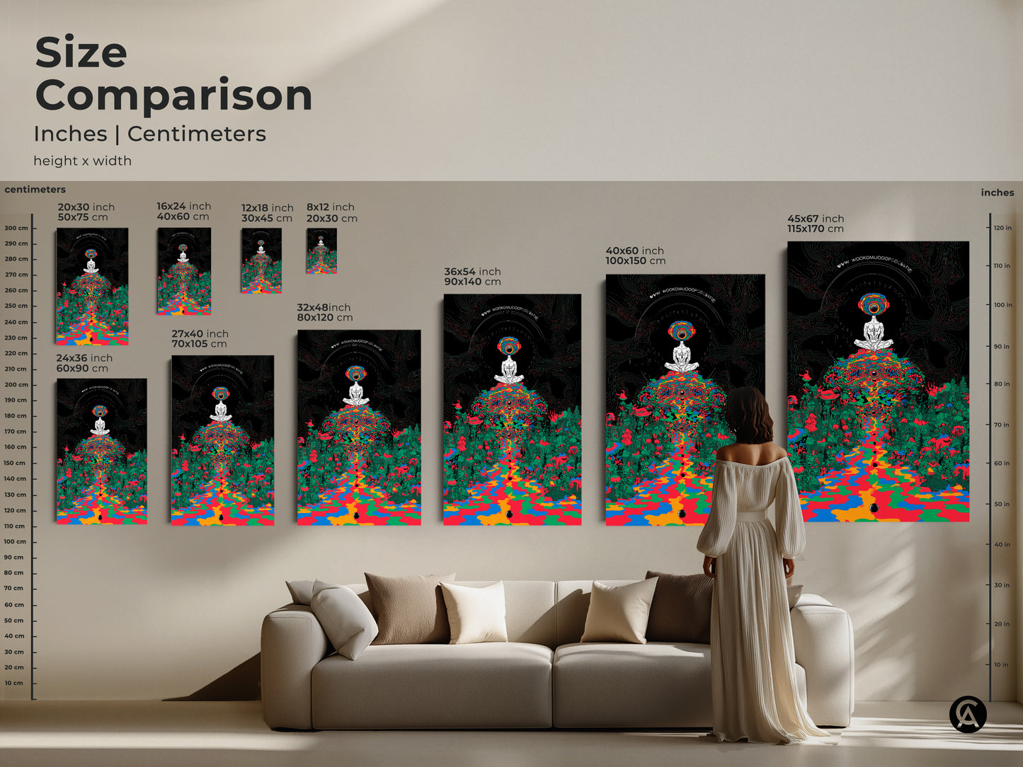 Size comparison showcasing psychedelic mushroom forest art in inches and centimeters. Various sizes reveal a meditating figure in trippy surrealism canvas. Indigo green abstract art makes colorful bohemian decor.