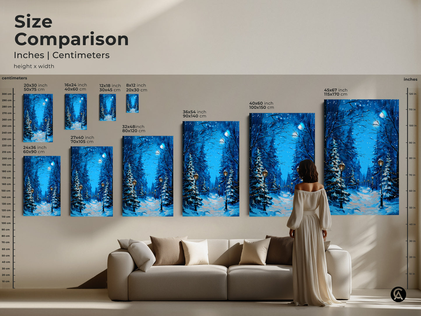 Size comparison of winter landscape art prints in inches and centimeters. Featuring a snowy path with street lamps these deep blue teal prints range in size. Perfect for rustic Christmas decor and gifts for winter lovers wall art.