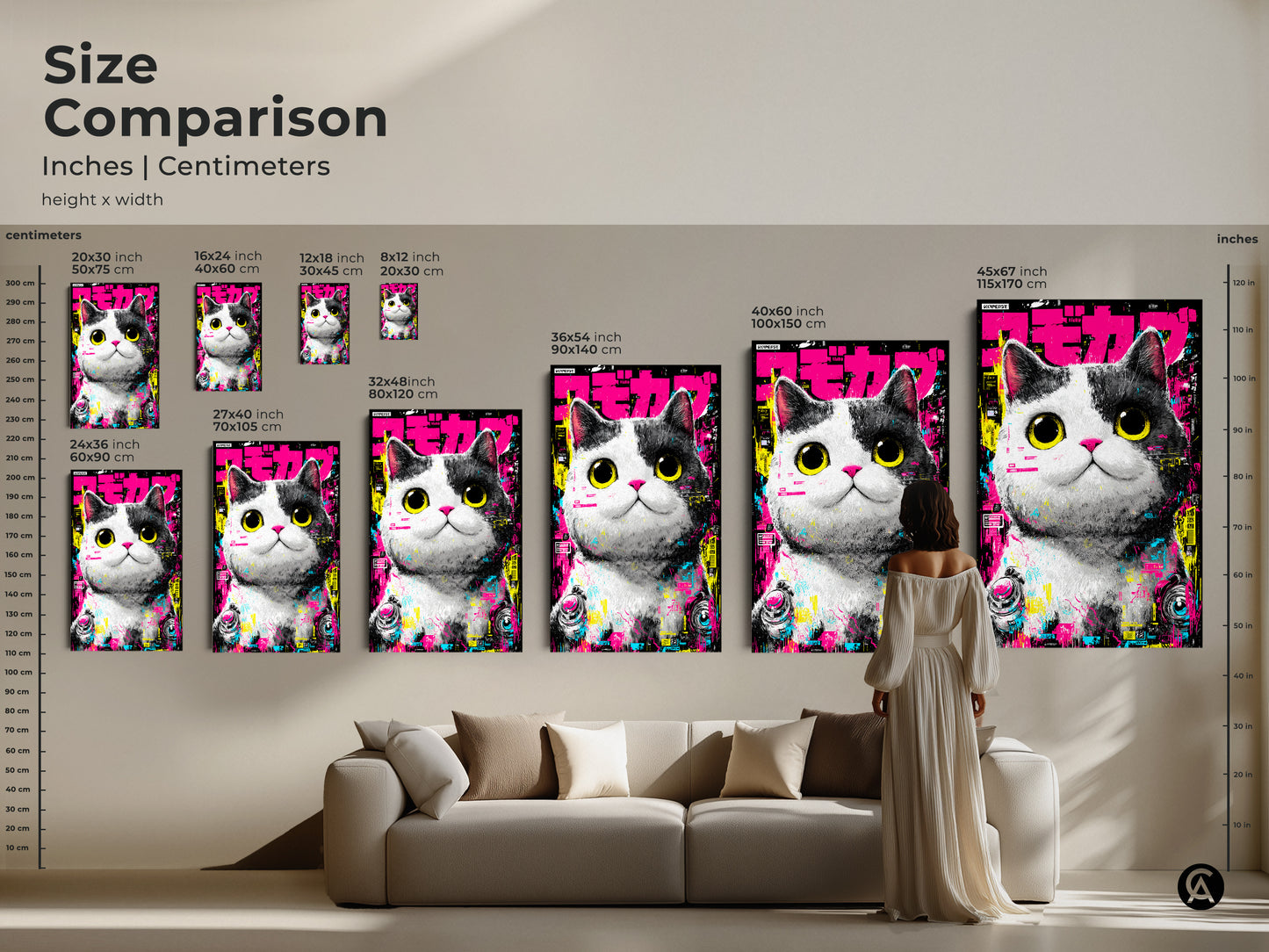 Compare sizes of cat artwork in inches and centimeters. See how the canvas and poster options fit in a living room setting. Choose the ideal size to enhance your space with this modern art piece.