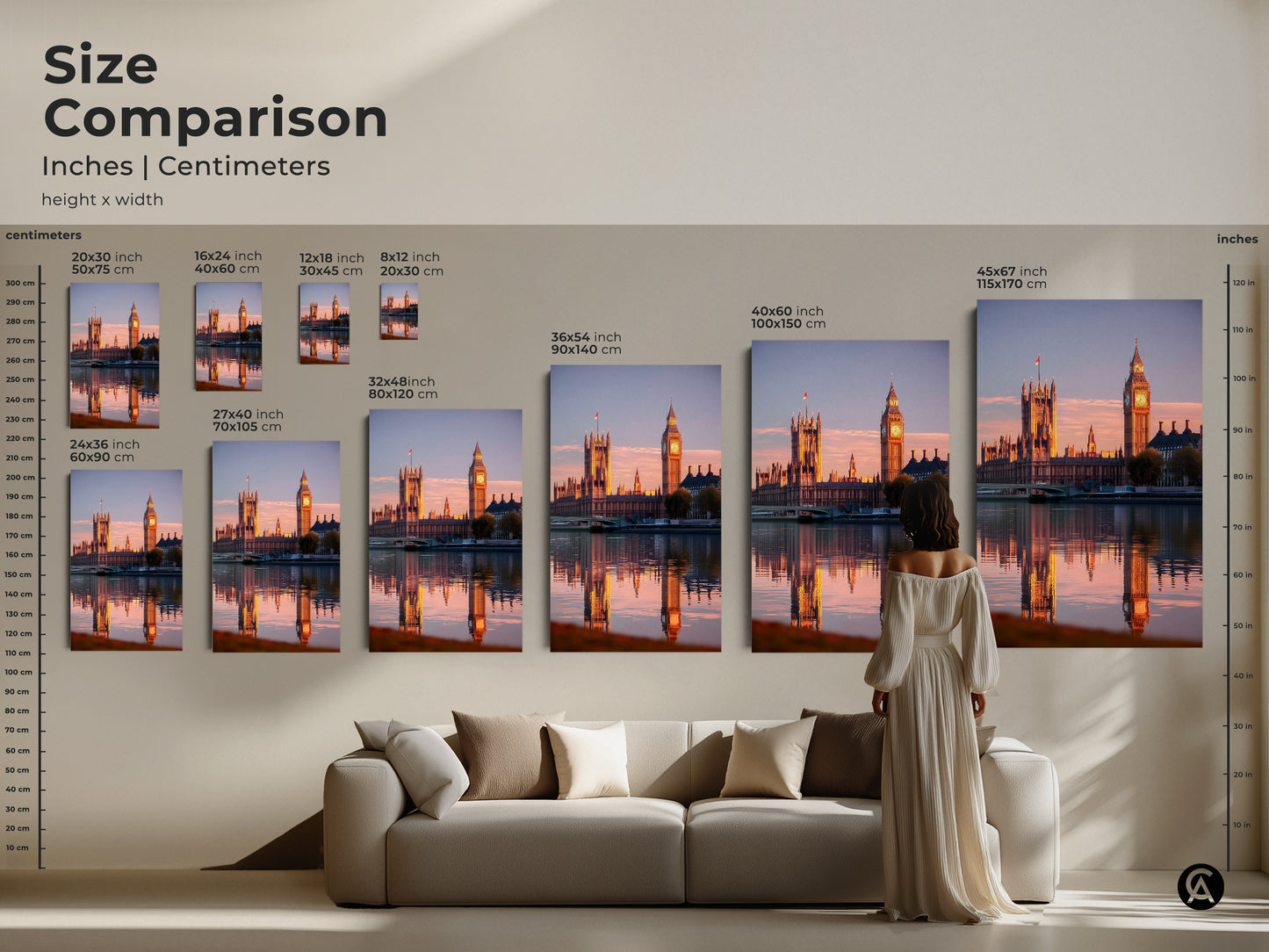 Size comparison showcasing the Houses of Parliament and Big Ben artwork in various dimensions. Find the ideal canvas or poster size to complement your living room decor. A perfect focal point.
