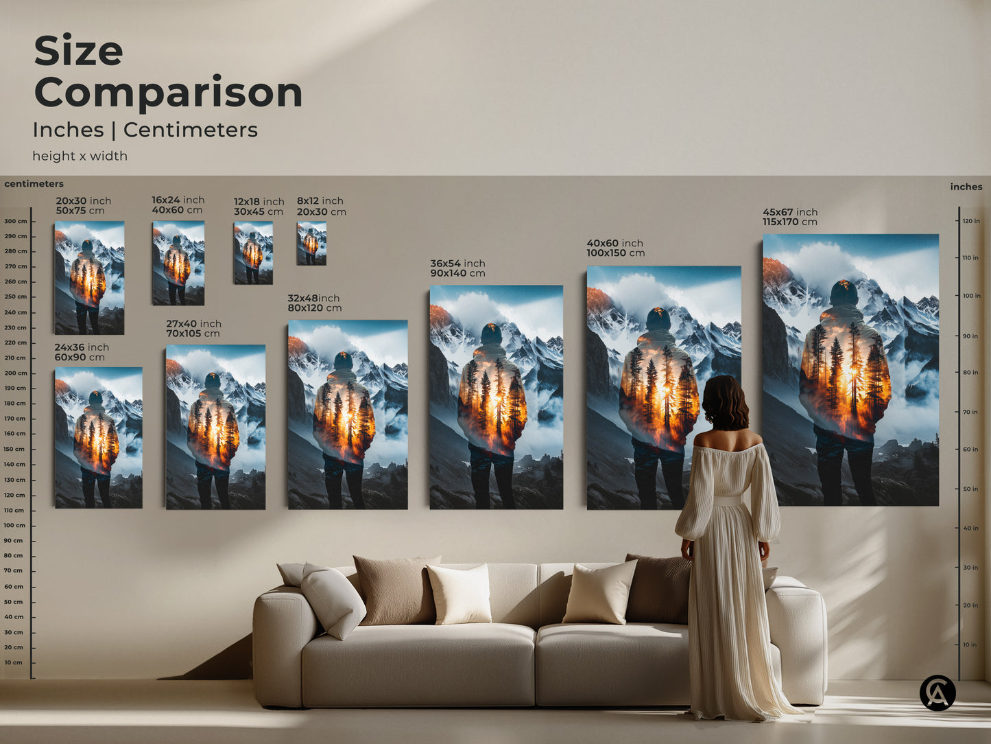 Size comparison featuring double exposure wall art in various sizes. It showcases a mountain forest landscape canvas print. Perfect for adding modern nature to your living room decor. This artistic double exposure offers a serene nature print.
