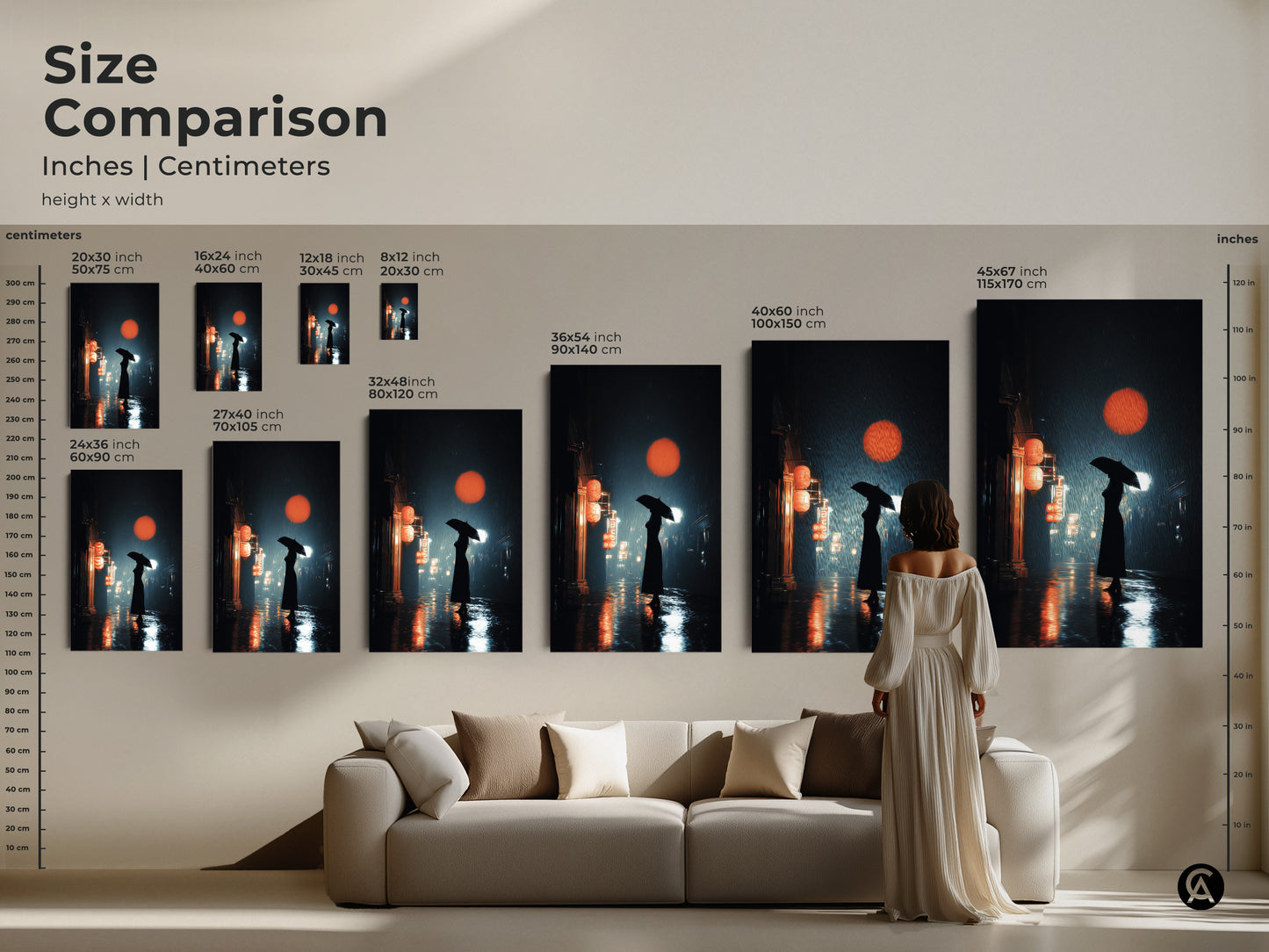 Size comparison of a rainy urban cityscape wall art print. See sizes in inches and centimeters over a couch. The art shows a woman with an umbrella on a rainy night. Find sizes for your space.