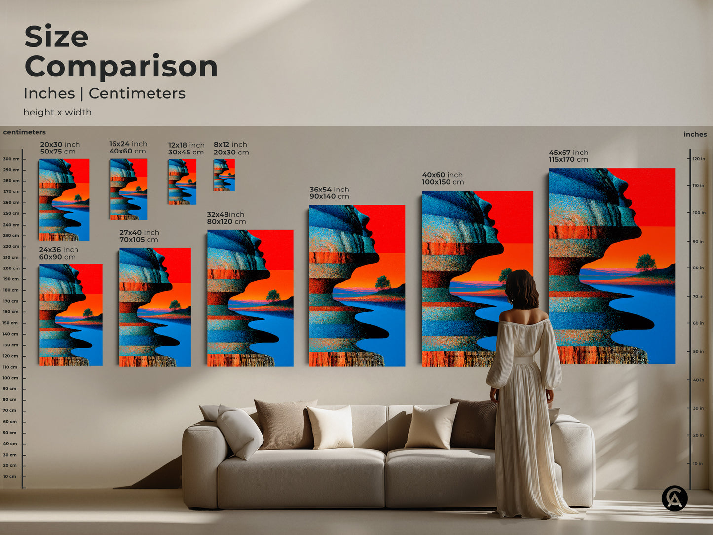 Compare sizes of our abstract artwork. See how the surreal landscape canvas print scales alongside furniture. From small accents to large statement pieces there is a size to fit your style. It will enhance any modern home decor.