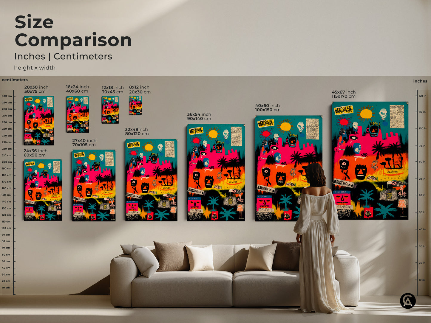 Compare sizes of this vibrant art to visualize how it fits in your space. From small to large options this piece can transform any room. See how it complements your furniture and decor.