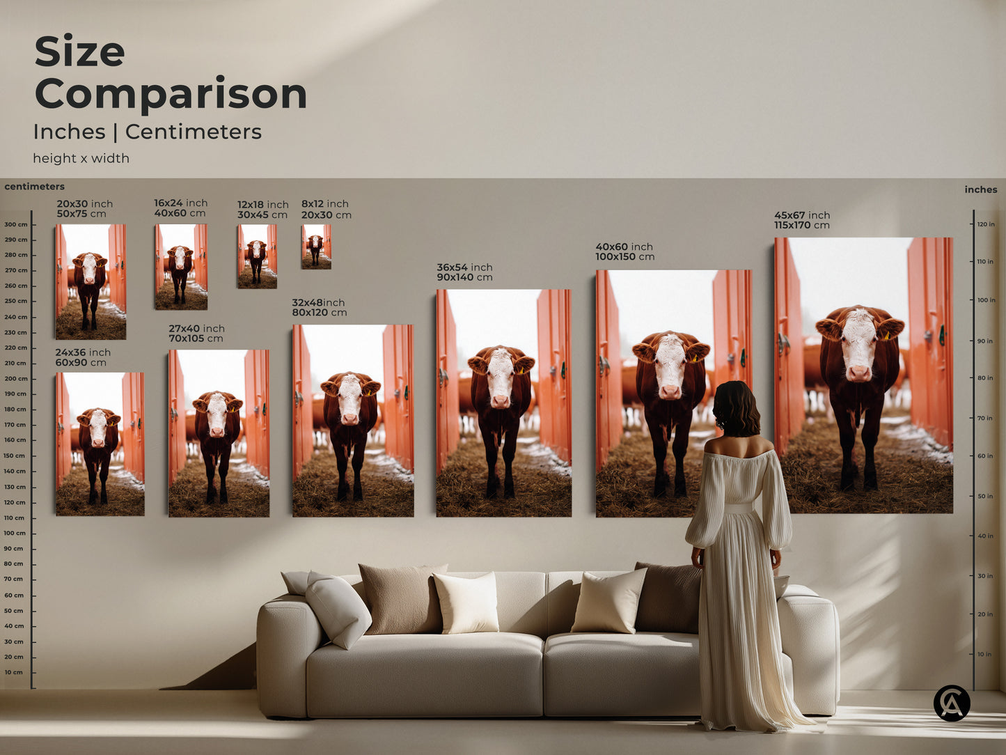 Size comparison showcasing farmhouse cow artwork canvas prints. Visualize how the artwork fits above a couch. Brown and white farm animal aesthetics enhance your country-style living room decor.