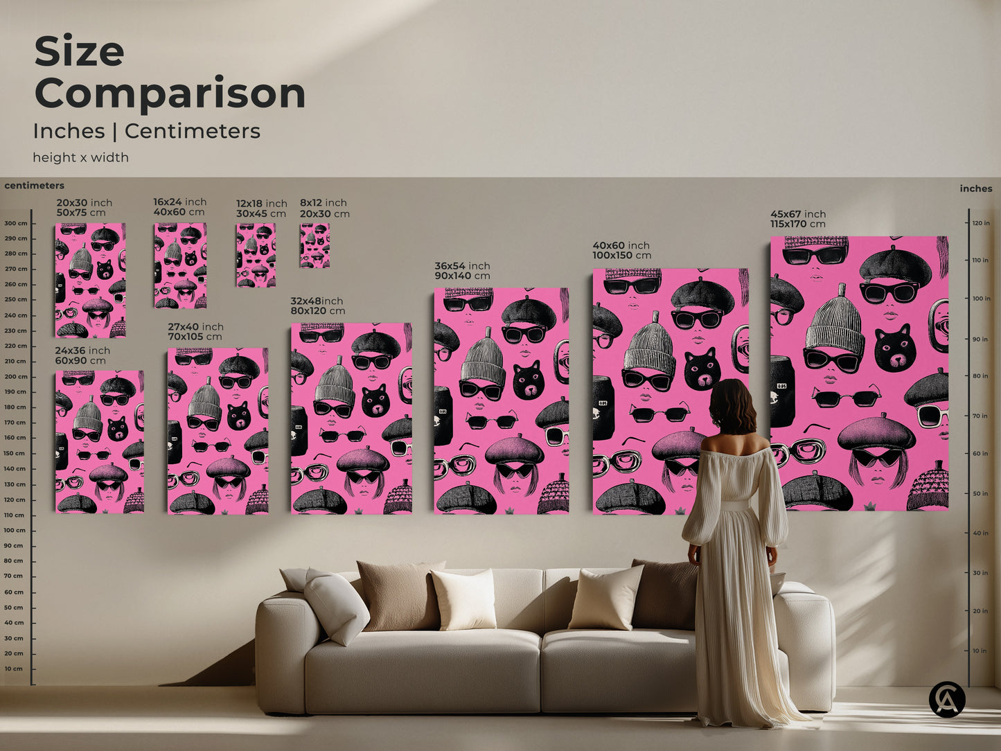 Size comparison of retro pop art. The pink and black faces artwork is shown in various sizes. This eclectic fashion wall art makes a statement in any room. It's a great gift for fashion lovers. The hot pink makes it pop.