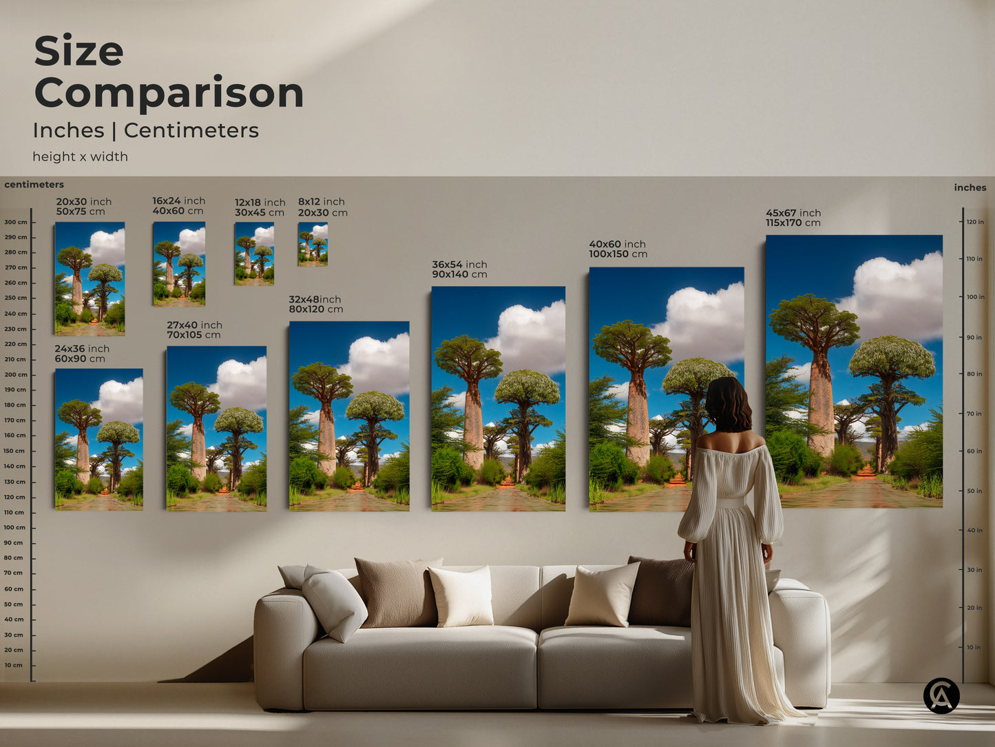 Size comparison of realistic baobab trees artwork in inches and centimeters. Various sizes displayed above a sofa to showcase scale. Perfect for boho home decor and residential wall decor. Visualize how this African nature landscape print fits in your space. A stunning piece of travel destination art.