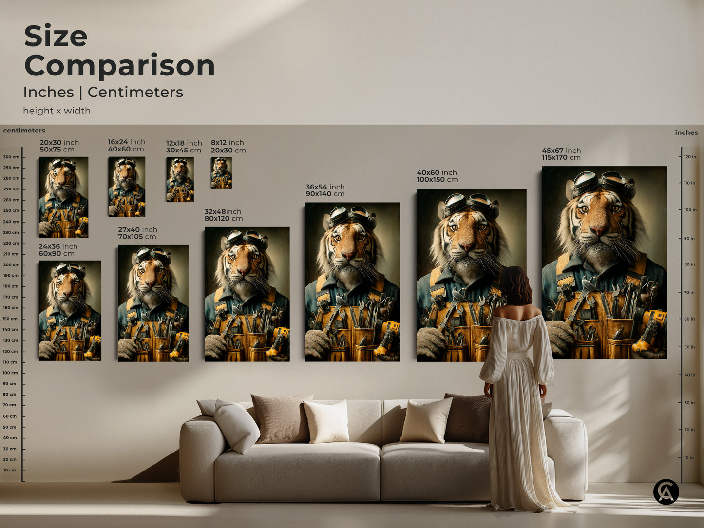 Compare sizes of the tiger mechanic art print. This anthropomorphic animal canvas comes in various dimensions to fit any space. See how each size enhances your room decor. From the smallest 8x12 inch to the largest 45x67 inch find the perfect canvas or poster print.