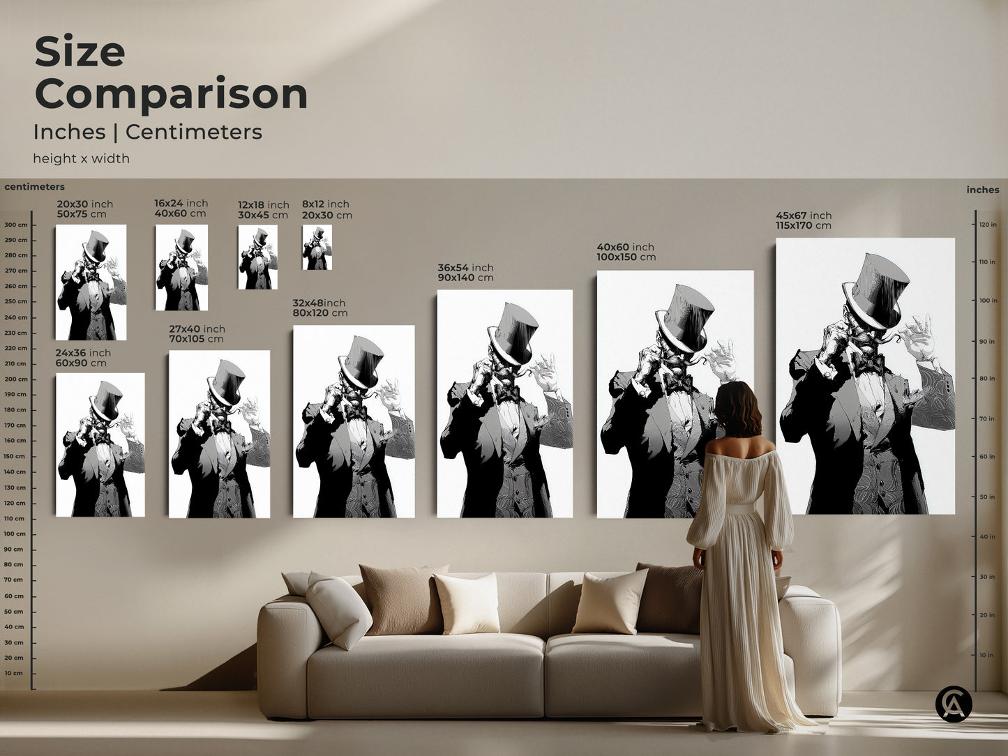 Size comparison for art deco gentleman art. See the art in inches and centimeters. Visualize the art in different sizes with a person and furniture. This black and white art is a top hat character print. Add vintage style to your home. Eclectic decor for your study room.