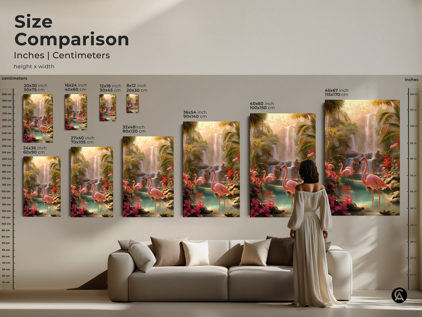 Size comparison of tropical flamingo and waterfall art in inches and centimeters. Various sizes displayed in a living room setting. This wildlife art for living room is a stunning addition. Pink bird nature print.