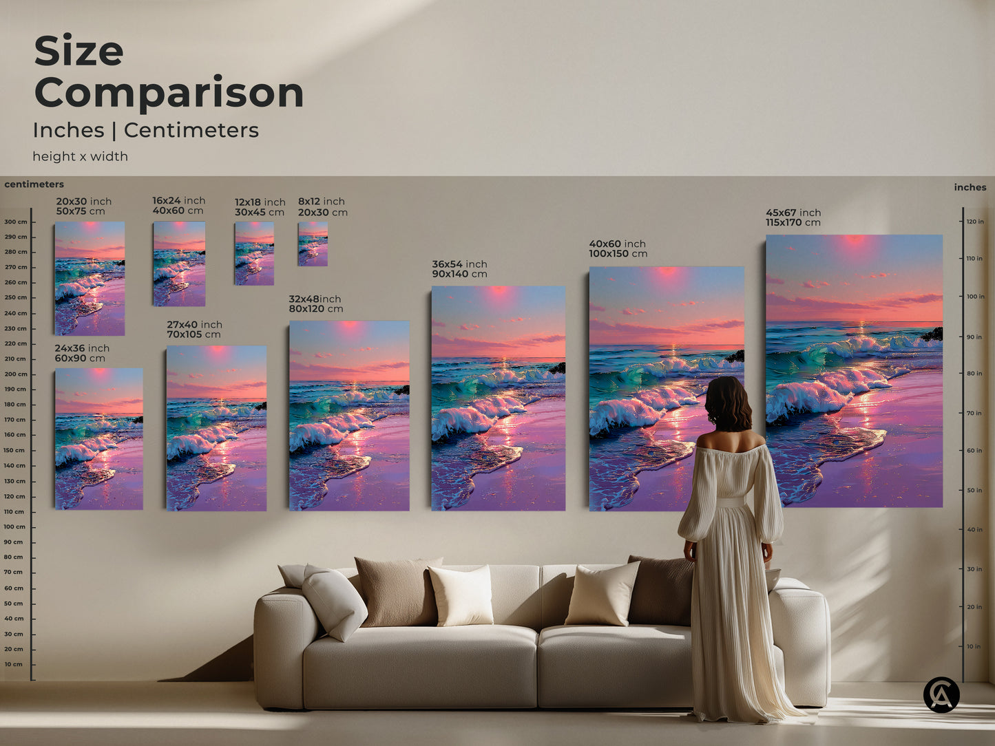 Size comparison of dreamy ocean sunset prints. Inches and centimeters shown for various canvas and poster sizes. Ideal for coastal home decor. Pink purple teal wall art.