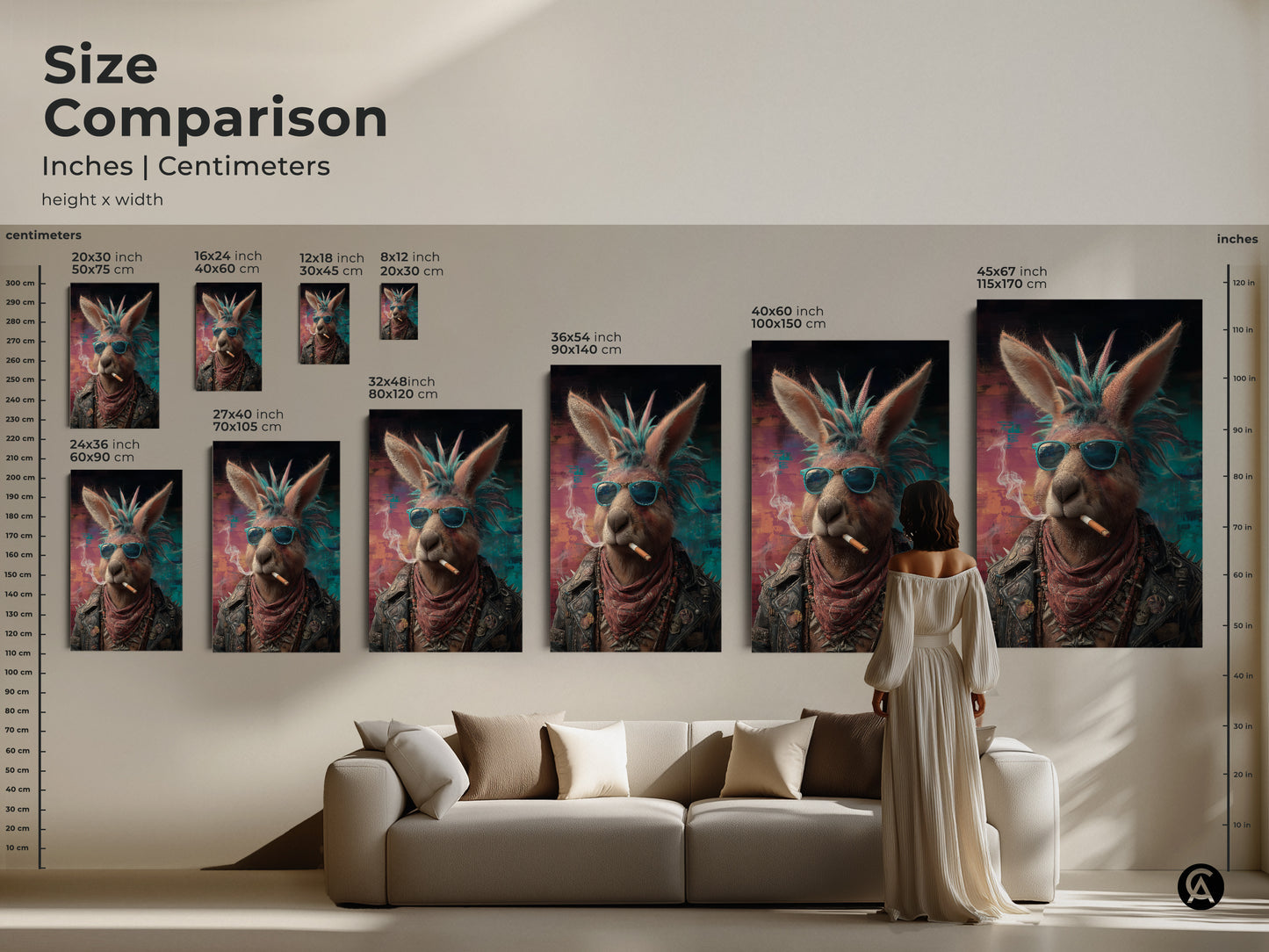 This is a size comparison of the Punk Kangaroo artwork in inches and centimeters. Sizes vary from small to large. The art is available in various dimensions as a canvas or poster. The portrait showcases a kangaroo in a leather jacket and sunglasses. The edgy animal poster is ideal for adding character to a man cave or bar area. This is perfect artistic wall hanging decor.
