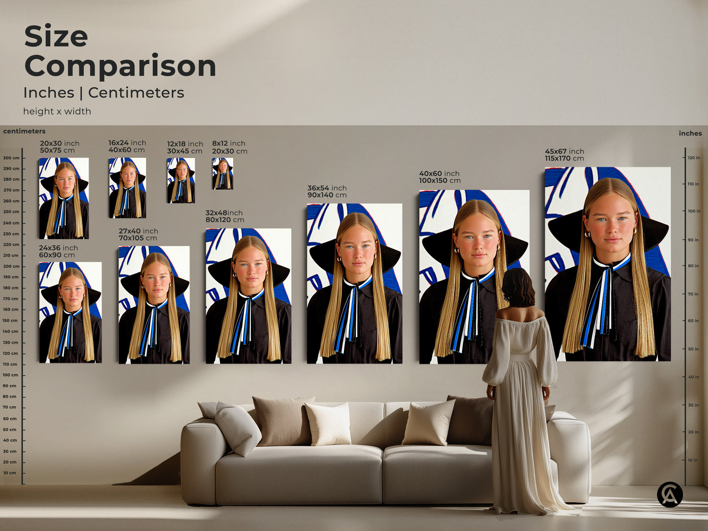Size comparison for abstract woman portrait canvas art. See the art in inches and centimeters. This modern blue white black print will enhance your space. Perfect for a chic living room wall. Contemporary pop art adds upscale style. A great gift for art enthusiasts.