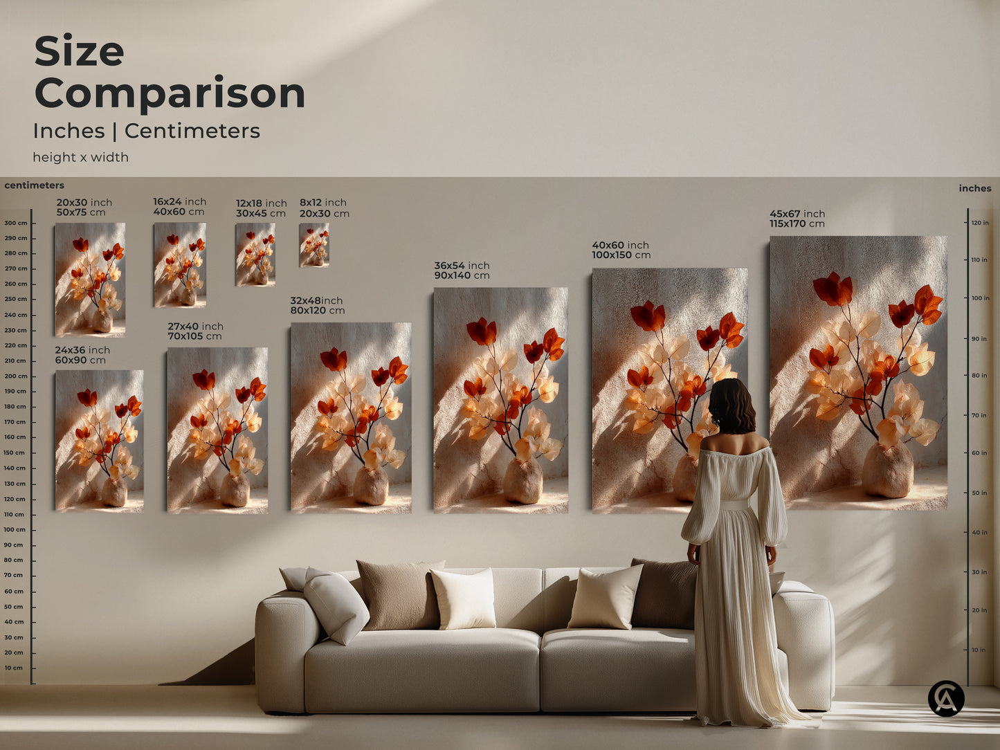 Size comparison of Terracotta Bougainvillea art in inches and centimeters. See artwork from 8x12 to 45x67 inches. Visualize the scale in a living room setting. Choose the perfect size for your botanical print. Cream and terracotta decor to enhance your home.