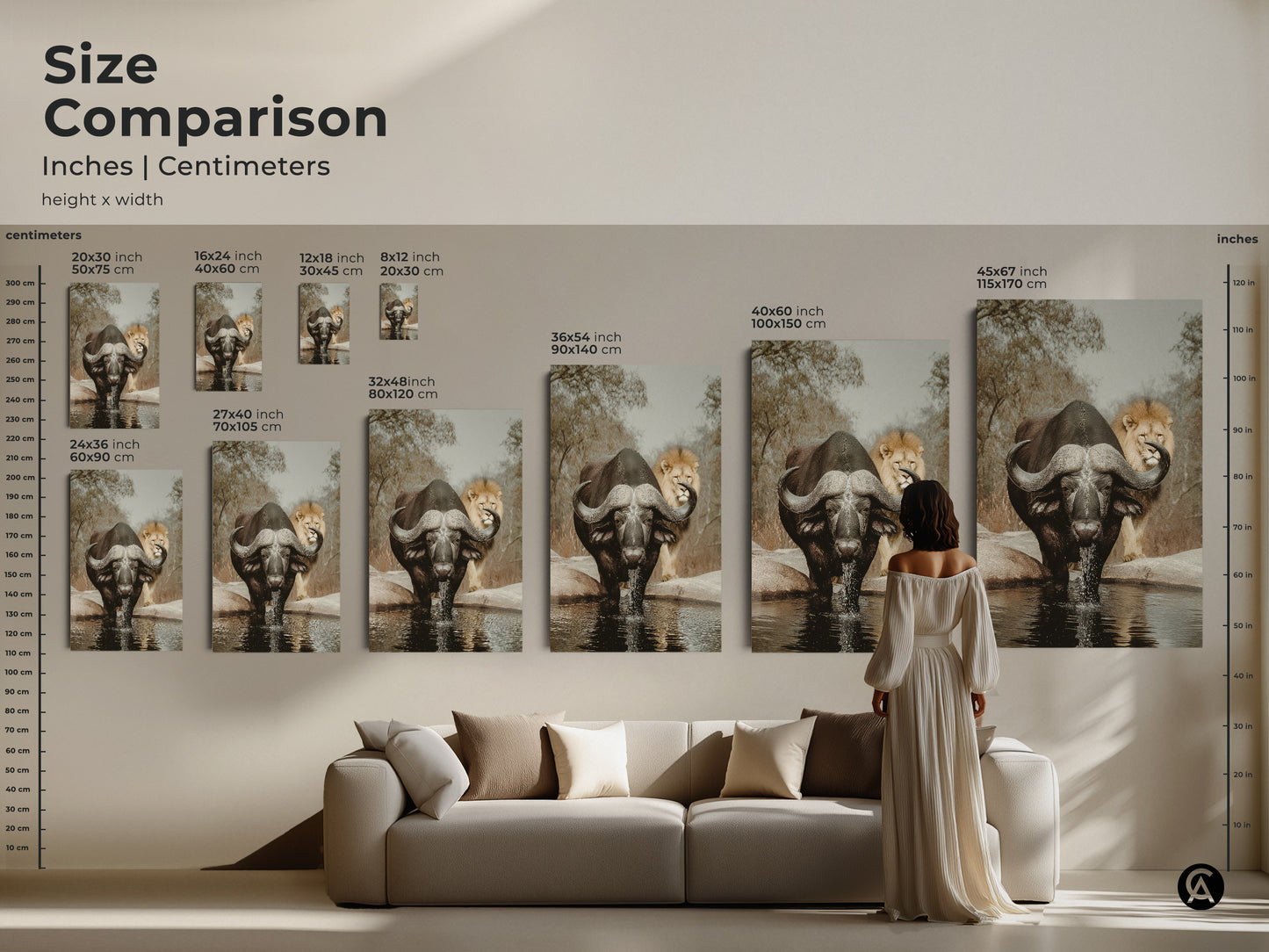 Size comparison of African buffalo and lion canvas and poster prints. Visualize dimensions in inches and centimeters. Ranging from 20x30 cm to 115x170 cm. These earthy tones nature prints add depth to your home decor. Perfect for any wall.