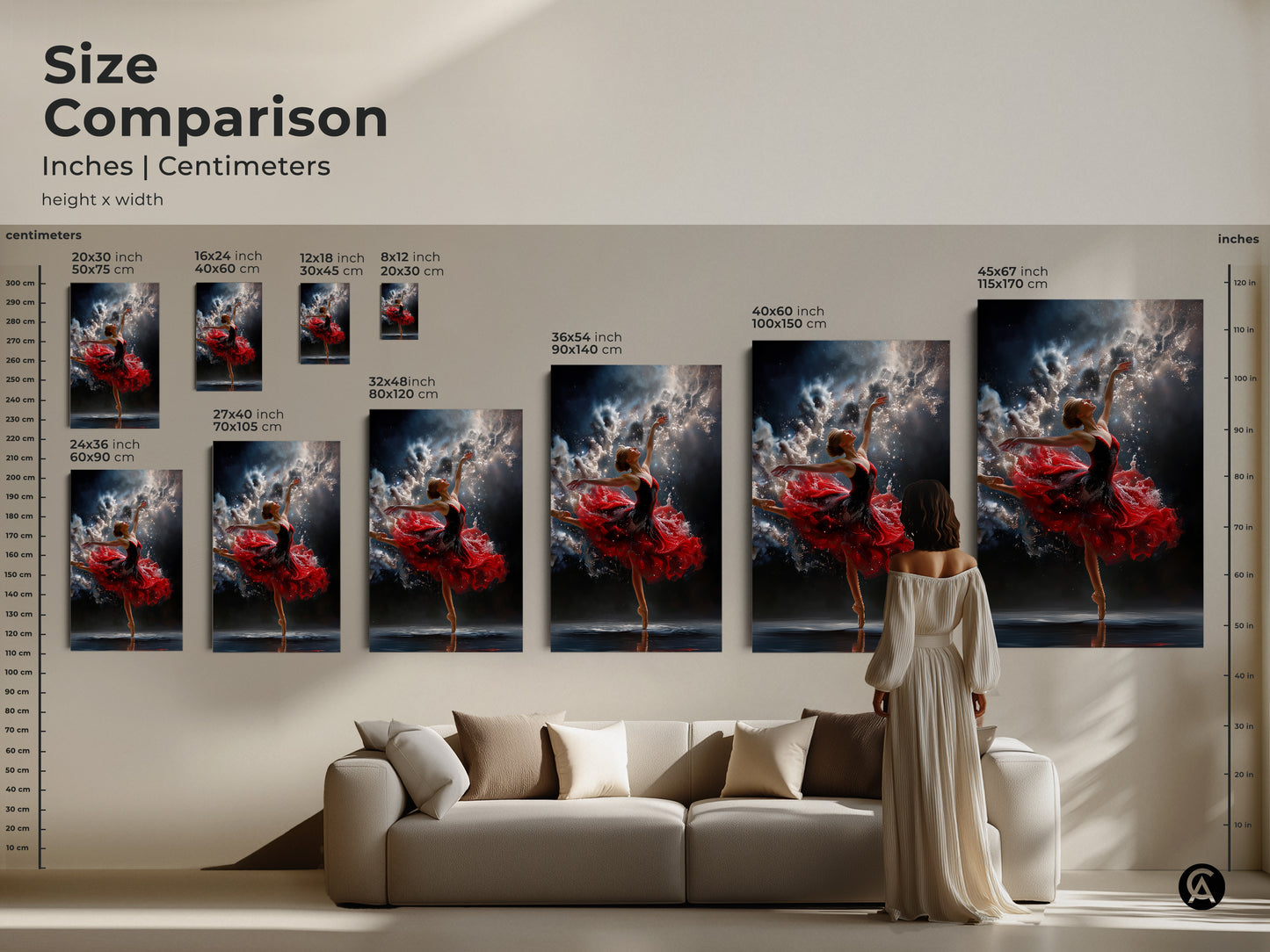 Size comparison of ballerina artwork. See how different sizes fit above a sofa. Available in various dimensions in inches and centimeters. Find the ideal canvas or poster to enhance your living space.