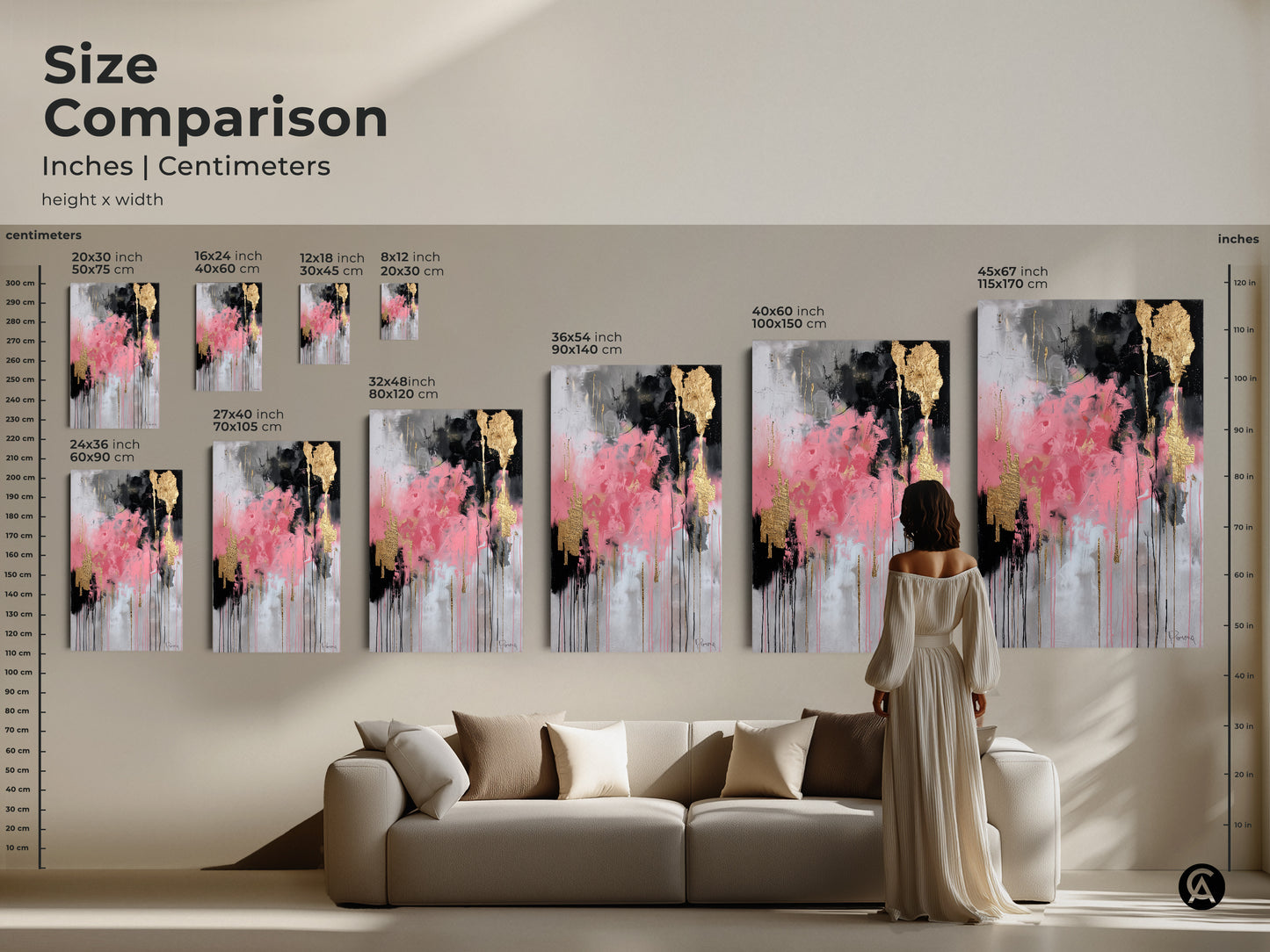 Size comparison of modern abstract art in inches and centimeters. See how pink black and gold leaf paintings fit above a sofa. Visualize the scale of canvas and poster prints. Sizes range from small to large ideal for any space. This contemporary art adds a touch of luxury to your home decor. Perfect for art lovers and eclectic styles.
