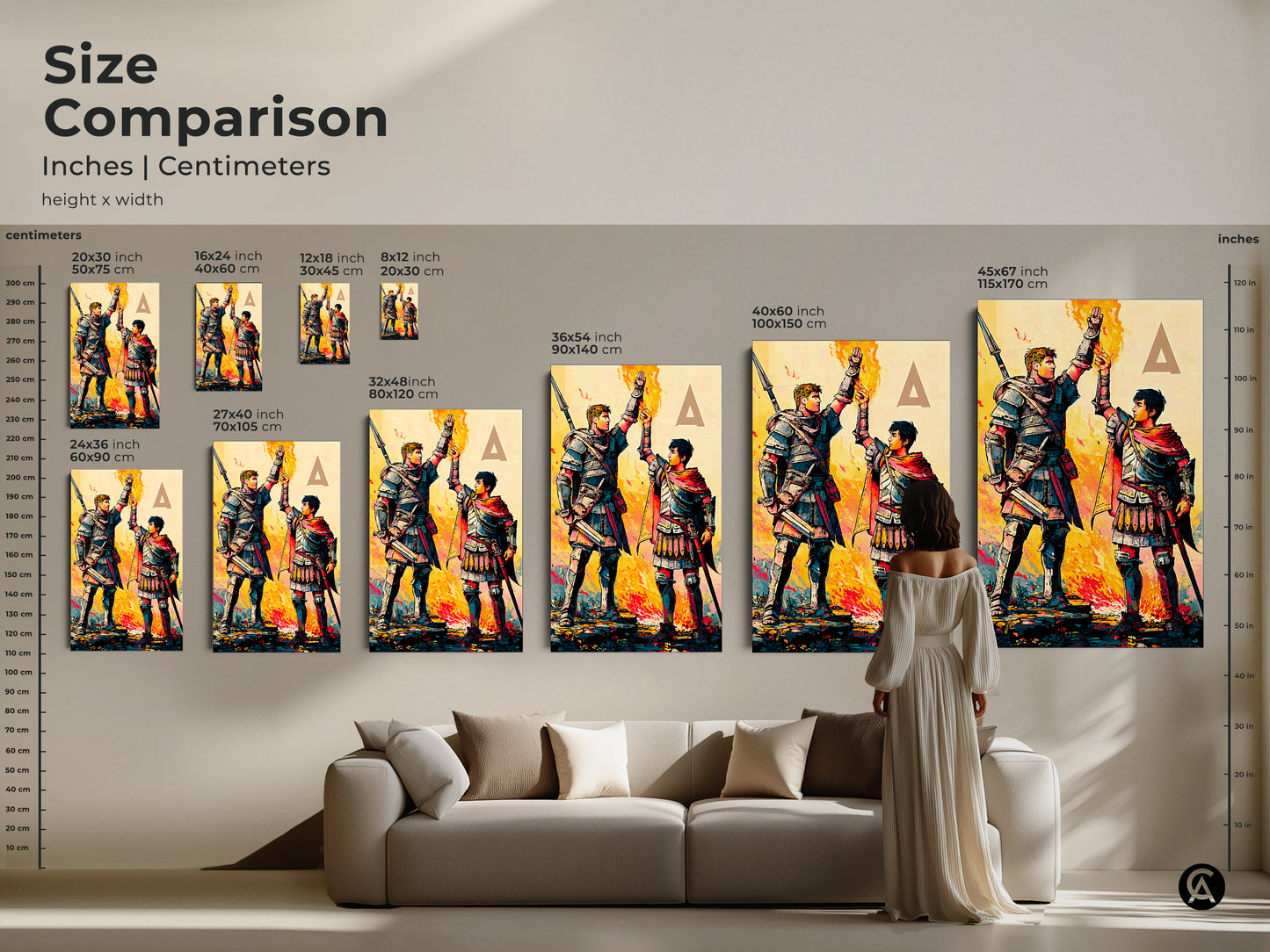 Compare sizes of graphic novel style wall art featuring fantasy warriors. Visualize how crimson teal and yellow artwork will enhance your eclectic home decor. Find the ideal fit for your space.