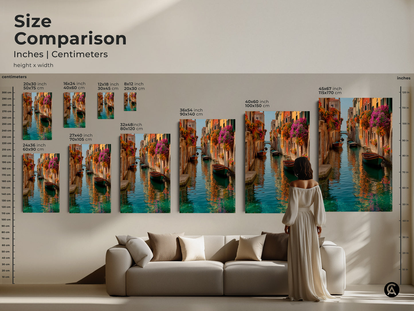 Size comparison of Venice canal art prints. See how different sizes fit with furniture. Canvas and poster options available. Add a touch of Italian romance with colorful bohemian artwork.