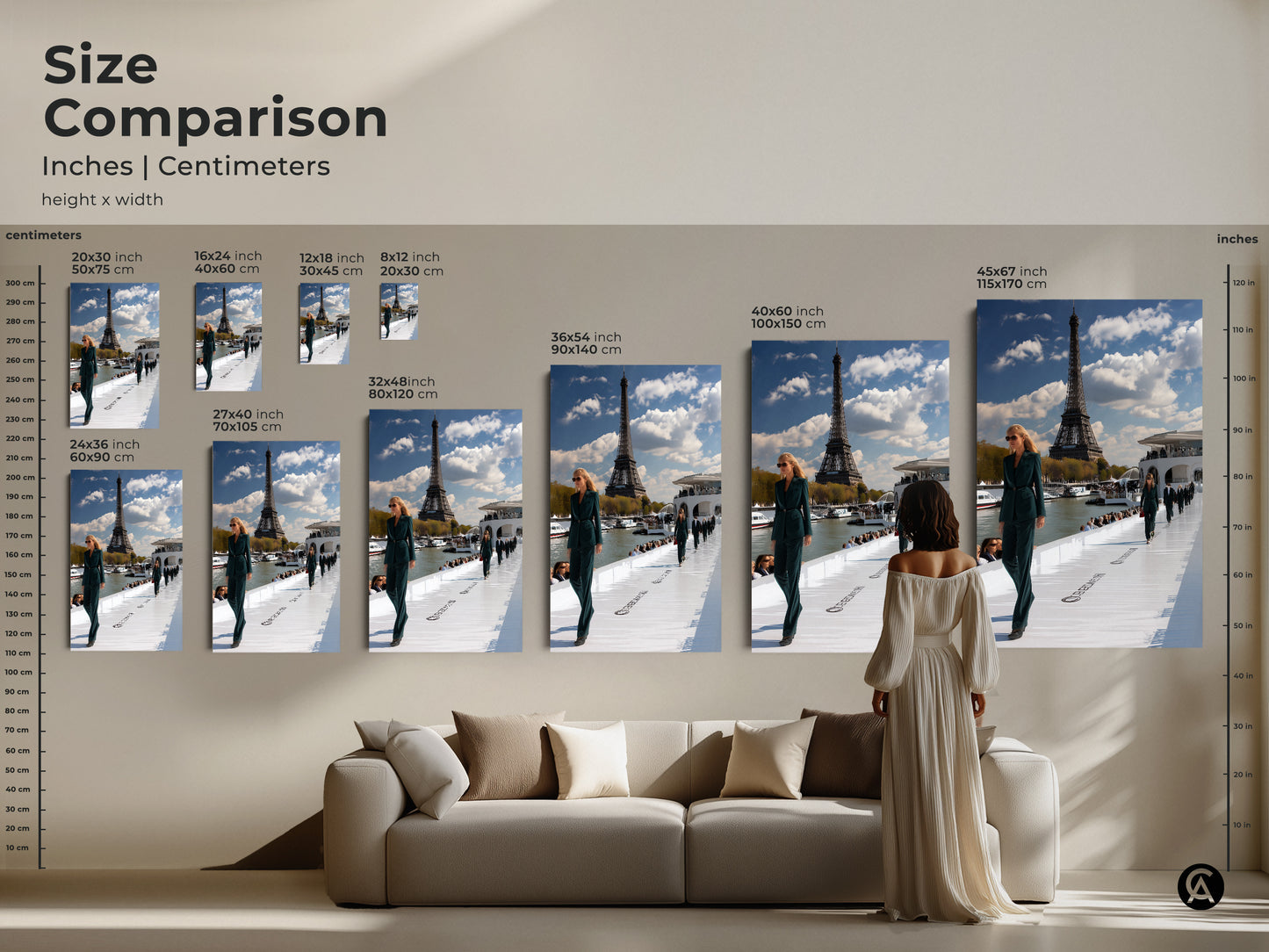 Size comparison of the Parisian runway artwork in inches and centimeters. See how the teal Eiffel Tower fashion print fits above a sofa with a model. Sizes range from 20x30 cm to 45x67 inch. Perfect for visualizing the impact of this contemporary piece in your home or office.