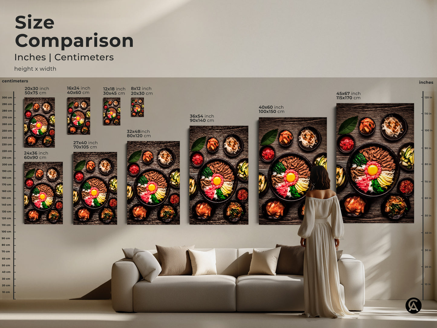 Compare the size of realistic Bibimbap art prints in inches and centimeters Choose from various dimensions to suit your space. These canvas prints provide vibrant modern decor for any room elevating its aesthetic.