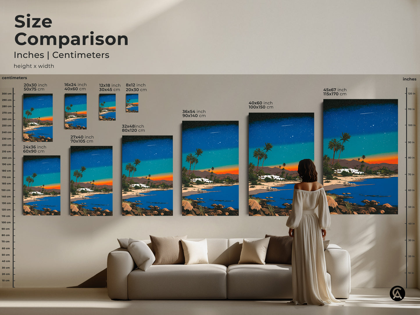 Compare sizes of this retro futurism canvas print. See how the palm trees and beach house artwork looks in different dimensions. Choose the ideal art size to enhance your eclectic living room.