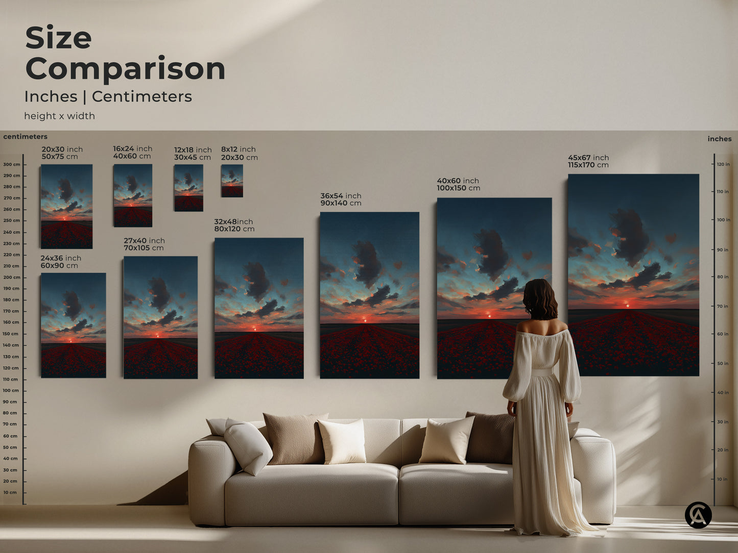 Compare the sizes of our poppy field sunset canvas prints in inches and centimeters. See how each size fits into your living space. From 8x12 to 45x67 inches find the perfect scale for this scenic sunset artwork. Transform your home with this contemporary landscape.