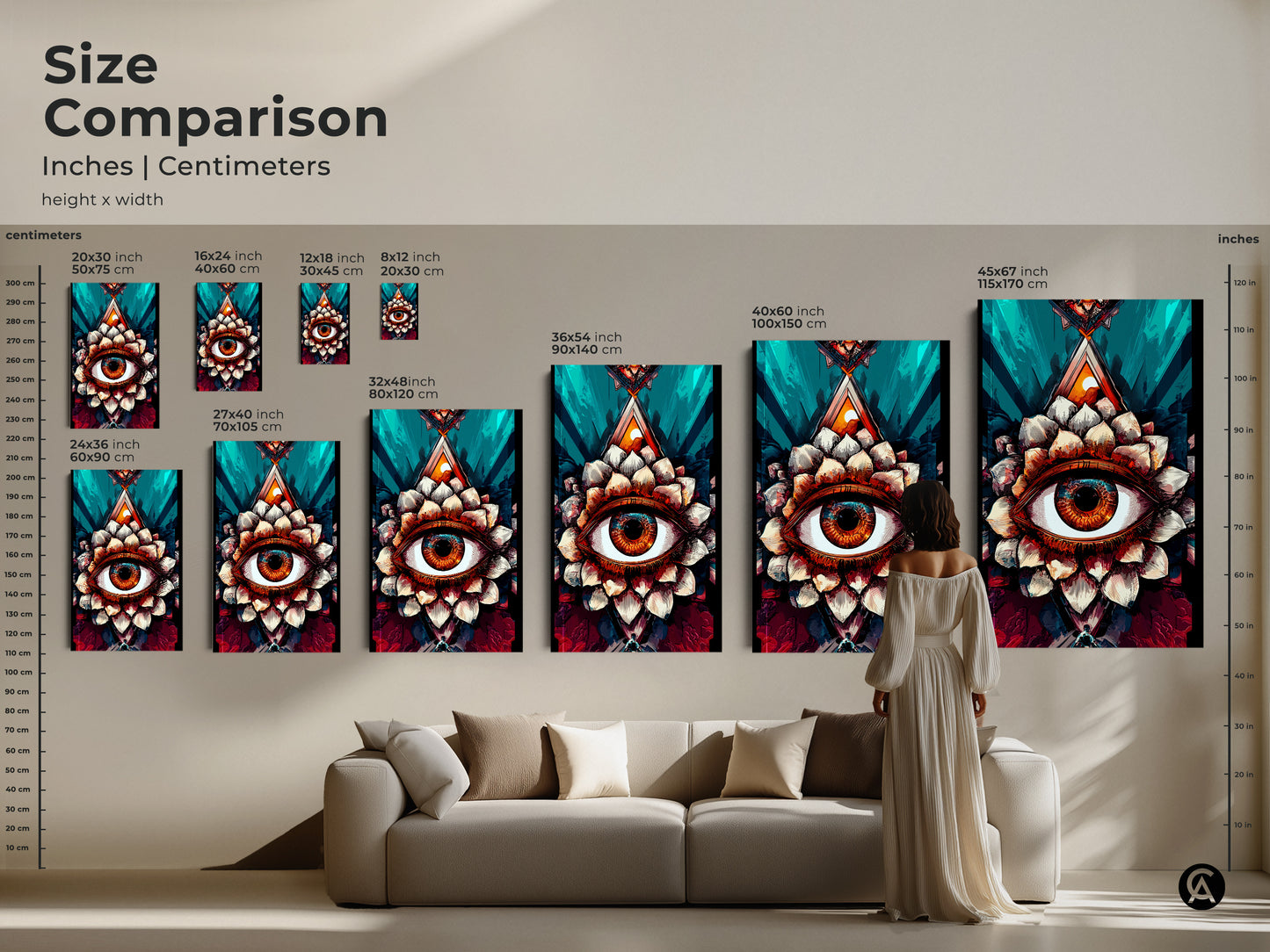 Size comparison of surreal eye lotus art in various dimensions. Visualize how the canvas artwork fits above a sofa. This abstract amber and teal spiritual decor is perfect for any home or office. See the range from small to extra-large sizes for your space.