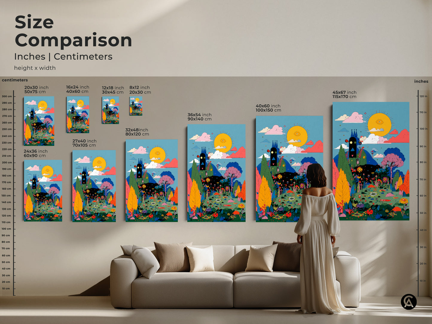 Size Comparison of the Eye See You art print. See how the artwork looks in different sizes. Available in inches and centimeters. Visualize the perfect fit for your space before you buy.