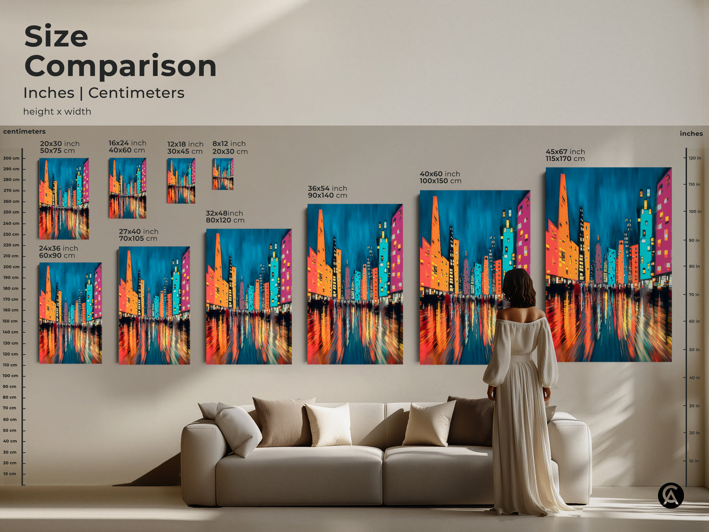Size comparison of modern abstract cityscape canvas and poster prints. Ranging from 8x12 to 45x67 inches. The art brings urban nightlife to life with teal blue orange and pink hues. Ideal contemporary wall art for any room.