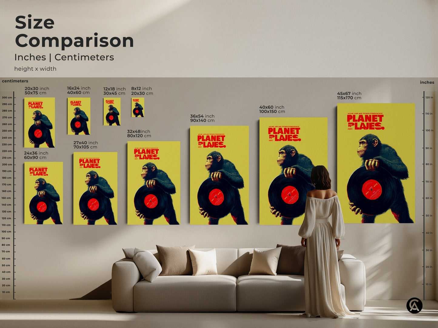 Size comparison of the chimpanzee with vinyl record artwork in inches and centimeters. See how this retro music poster fits in various spaces. Perfect for adding an eclectic animal touch to your home or office this graphic art is a unique statement piece.