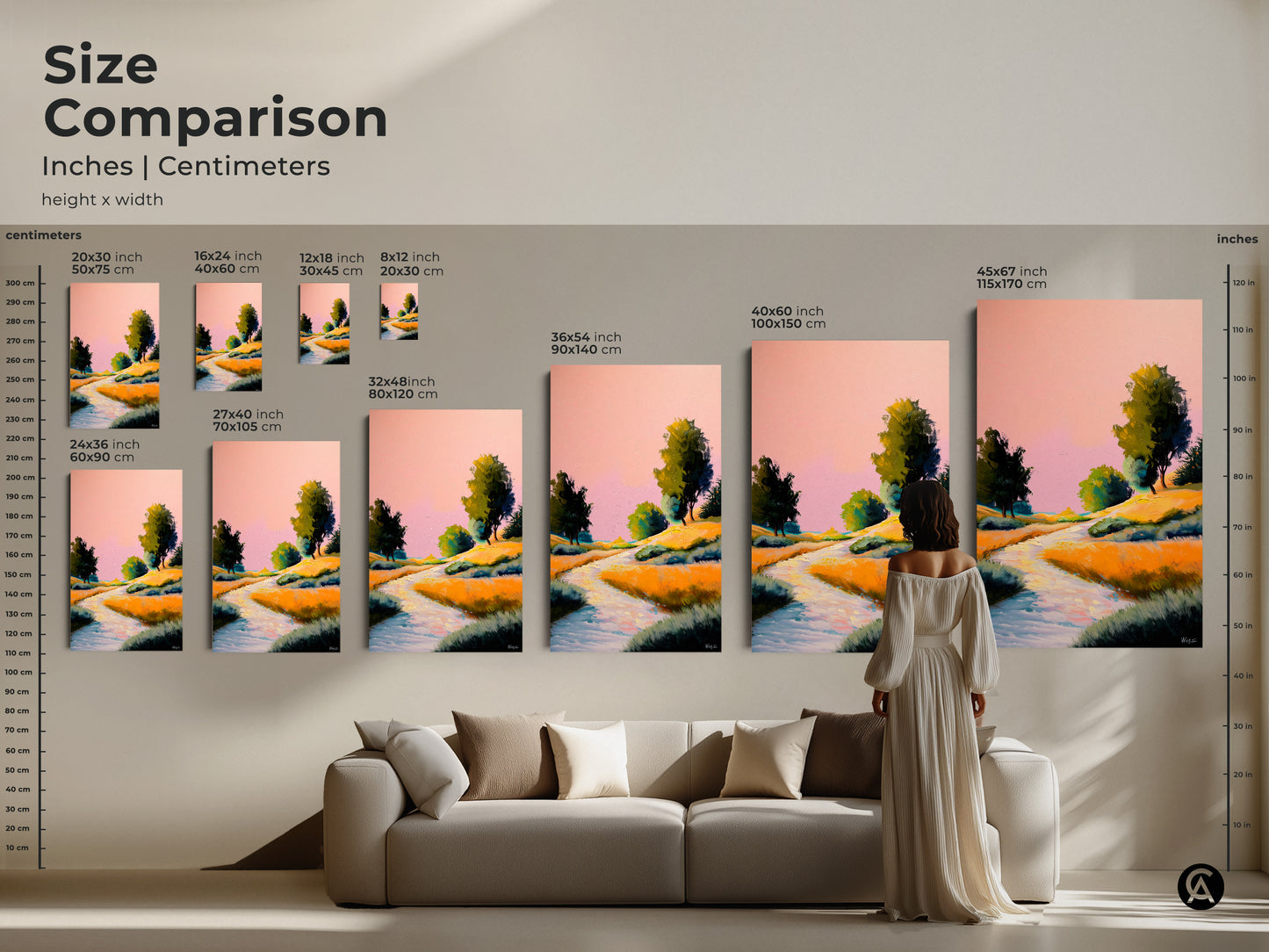 Size comparison in inches and centimeters. This expressive nature artwork is available in various sizes to fit above your couch. Viewers can compare sizes and see how they look in a home.