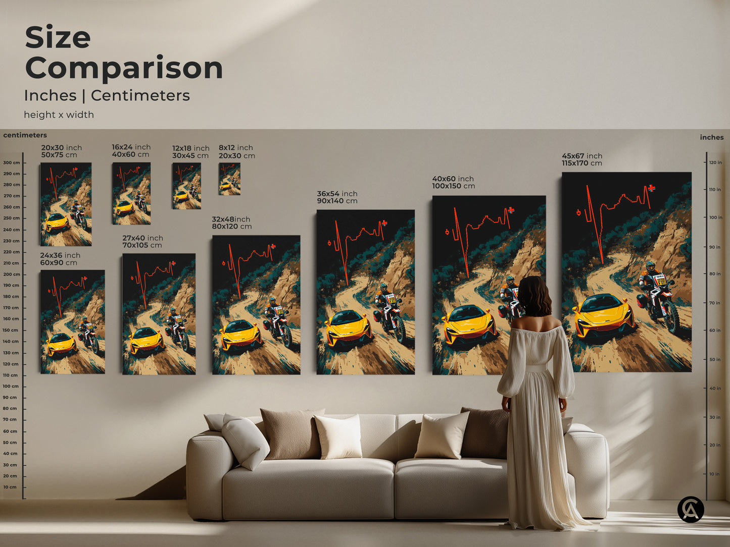 Abstract Art Canvas Print featuring a Yellow Sports Car and Motorcycle Race Scene. This contemporary artwork brings dynamic energy to any office or home. It is a perfect gift for F1 fans and motorsport enthusiasts. The modern color palette and high-speed depiction add excitement. Printed on high-quality canvas this abstract adventure artwork will enhance your wall decor.