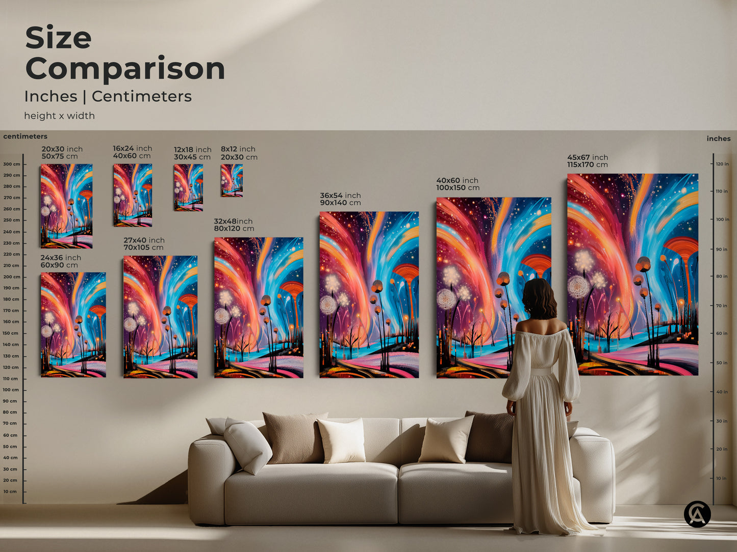 A Google Drive link shows a warning that the file cannot be scanned for viruses. It advises downloading anyway. The file is an image of abstract dandelion artwork. The fantasy nature wall art is available for download.