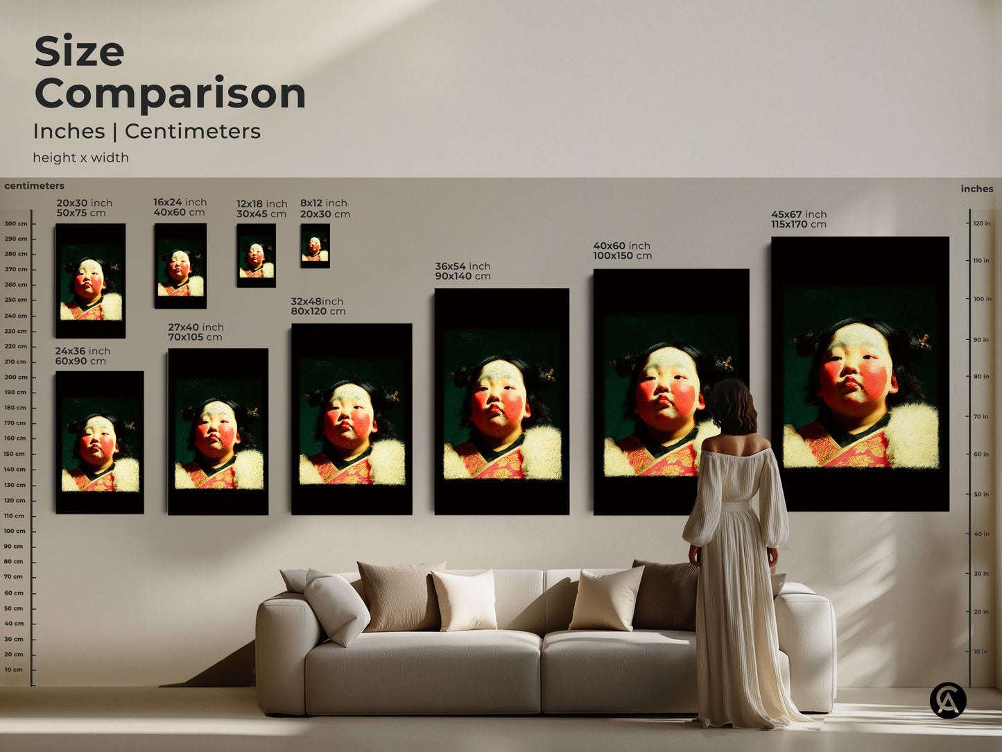 Size comparison of a cultural child portrait oil painting style art print. See how the art fits above a couch. It's ideal eclectic home decor. The unique cultural artwork makes a birthday gift wall decor.