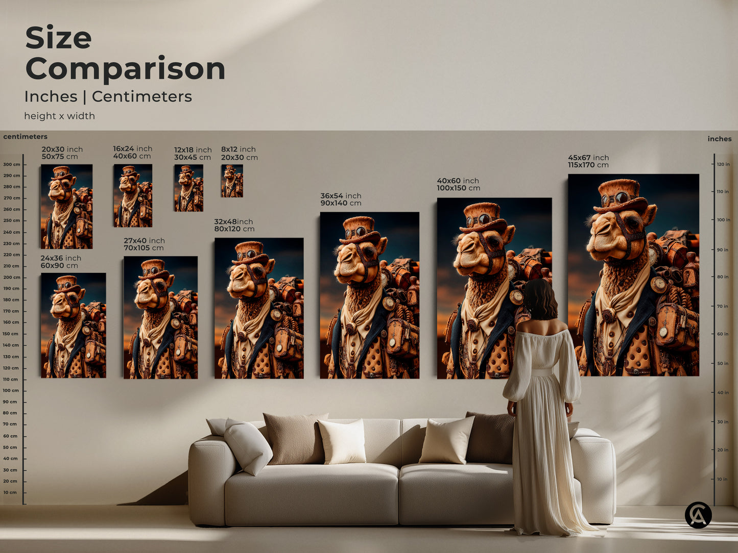 Size comparison of Steampunk Camel artwork in inches and centimeters. The display shows canvas sizes above a couch. Perfect to visualize different sizes of this vintage style camel art.