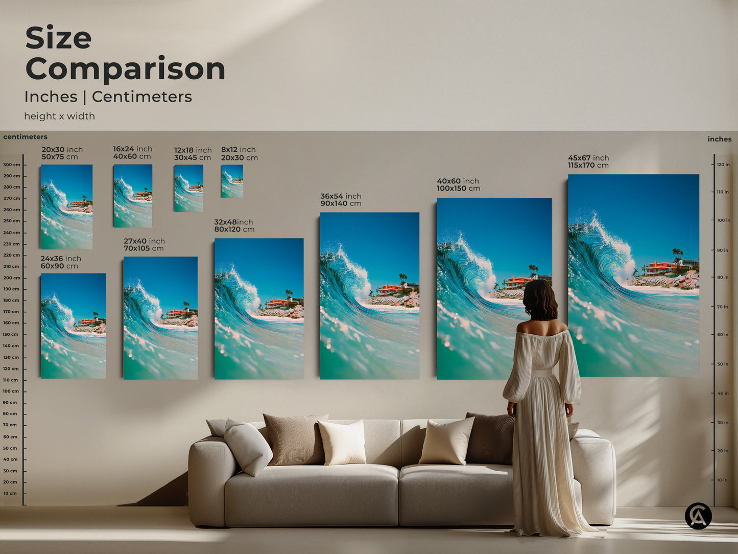 Size comparison of ocean wave art prints in inches and centimeters. Visualize how different sizes fit in your home. Choose from various dimensions to suit your space. Transform your living room with stunning wave art prints. Find your perfect size today