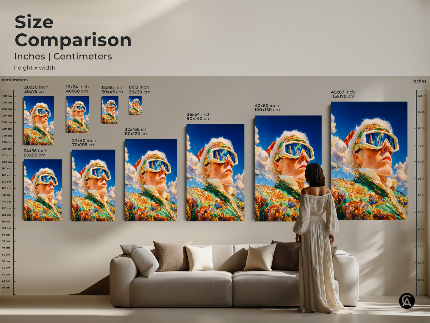 Size comparison of the art featuring a man in goggles and a suit. See how different sizes look in a living room setting. Choose from various dimensions in inches and centimeters. Find the ideal size for your art collection. Shop now and enhance your home.