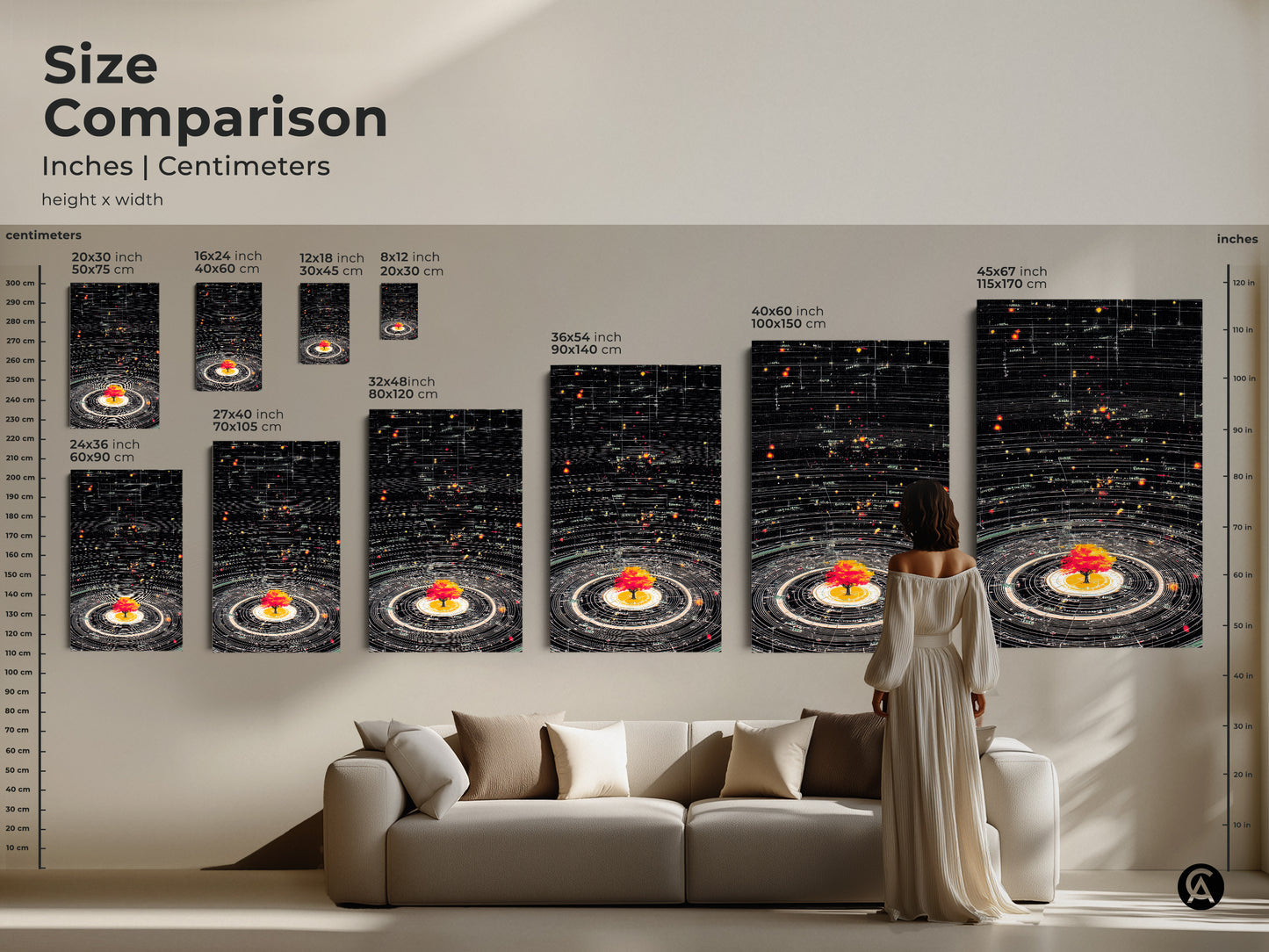 Size Comparison of Abstract Cosmic Tree of Life Art Print. Inches and centimeters are included for height width. Multiple sizes available for the generative space orbits canvas. Science inspired decor in various dimensions perfect for modern wall art.