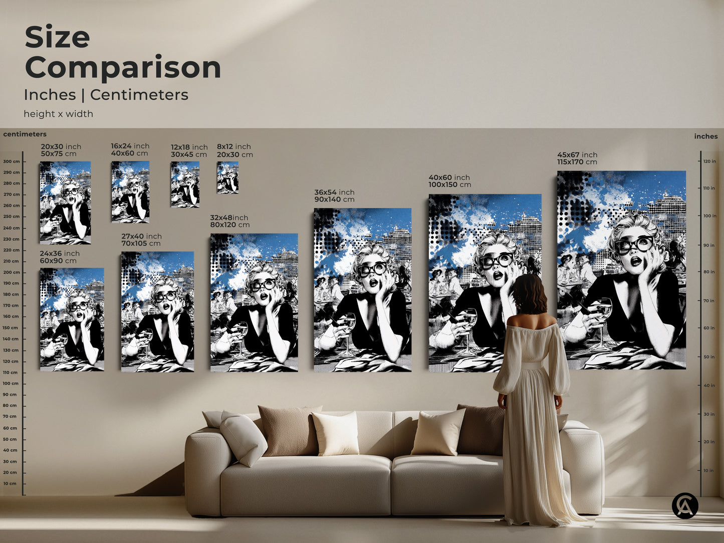 Size comparison for a Pop Art woman canvas print. This modern artwork features a stylish woman with glasses in a blue and black cityscape. It is perfect for modern chic decor in a bedroom or office. A unique birthday gift for fashion lovers. The art print adds an upscale touch to any space.