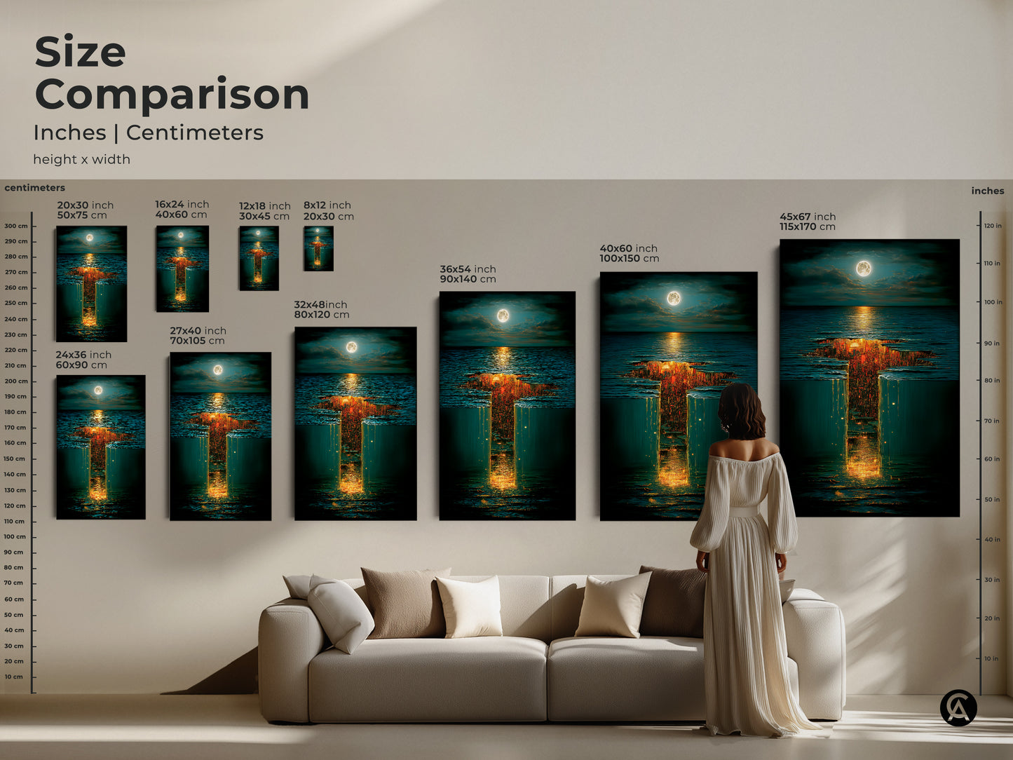 Size comparison of the Fantasy Art Print. See how the surreal underwater city art looks in various sizes ranging from 20x30 cm to 45x67 inches. This golden orange and deep blue print will enhance any room's decor with its unique charm.