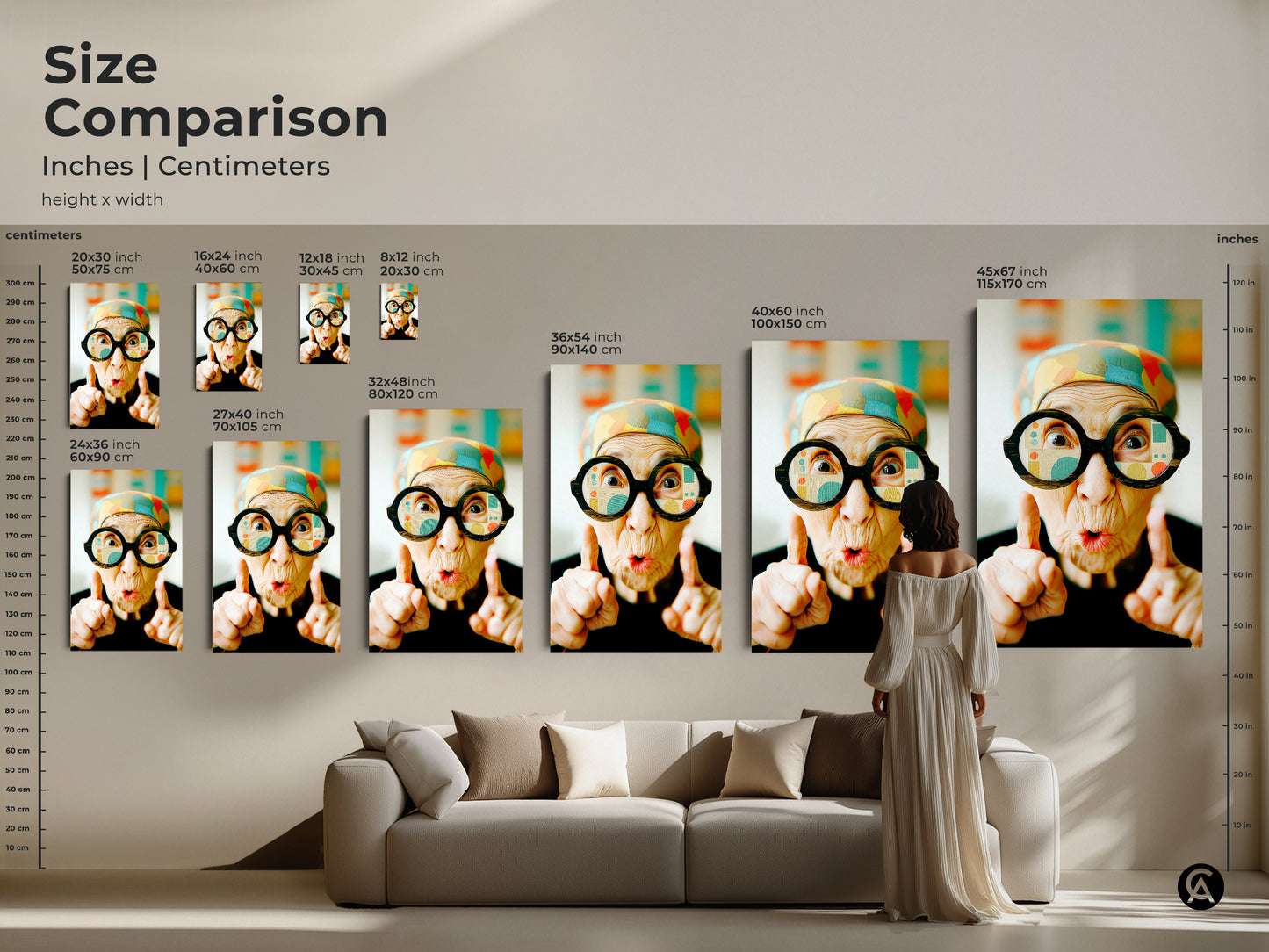 Size comparison of artwork featuring an elderly woman with glasses. See how different sizes look above a sofa. Choose from various canvas and poster dimensions. Find the perfect art piece for your home. Explore unique wall art options.