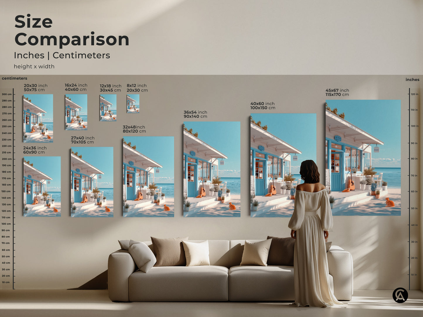 A size comparison showcases the beach cafe art in various dimensions. A woman stands near a sofa to illustrate scale. Choose the perfect size to complement your living space. Available as canvas or poster to match your style.