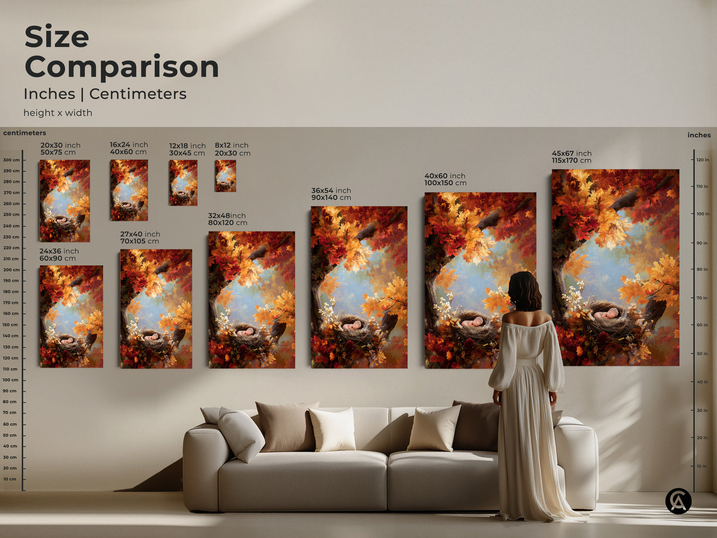 Size comparison of baby in nest artwork. See how different sizes look above a sofa. Artwork dimensions range from small to large. Perfect for visualizing the scale of this serene art in your home. Choose the ideal size to create a stunning focal point.