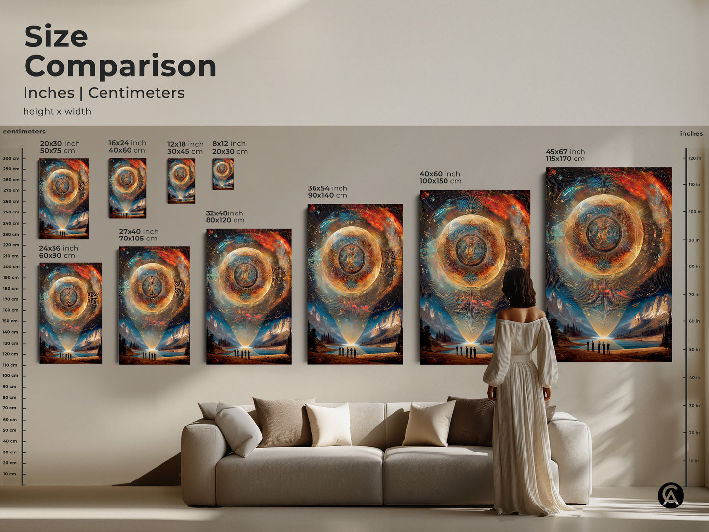 Compare the sizes of our abstract landscape art. From 8x12 inch to 45x67 inch. Visualize how each canvas art print fits above furniture such as a couch. Choose the perfect dimensions for your space exploration themed wall art. Perfect for adding a cosmic touch to your home.